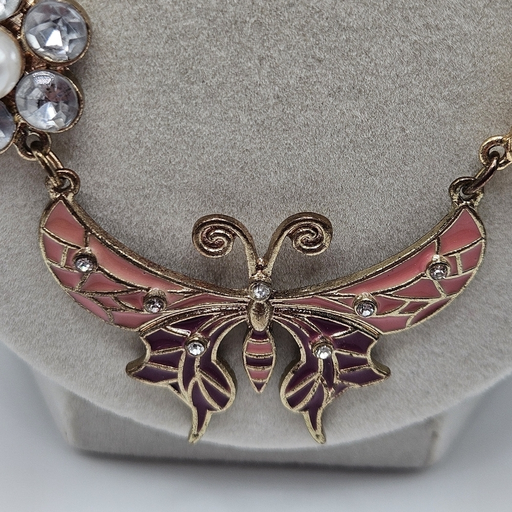 VINTAGE Ornate Rhinestone Dragonfly Cicada Butterfly Ribbon Statement Necklace - Picture 2 of 9